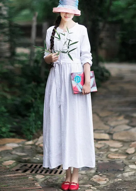 100% White Long Shirts Stand Collar Tie Waist Kaftan Spring Dress