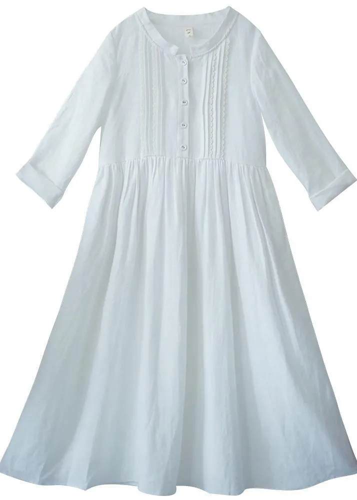 100% White Long Shirts Stand Collar Tie Waist Kaftan Spring Dress