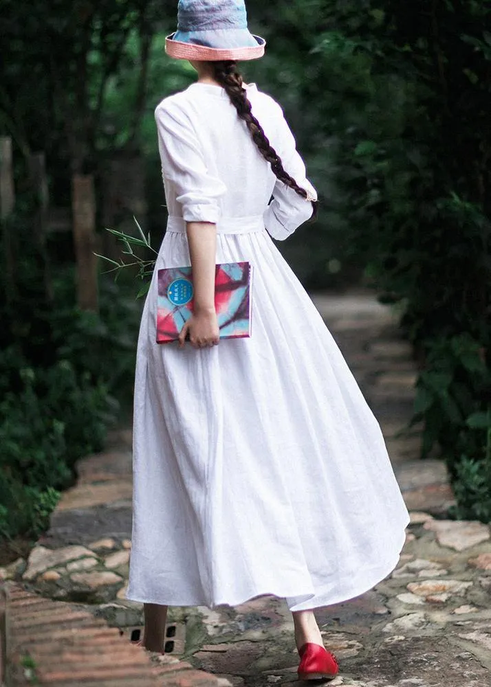 100% White Long Shirts Stand Collar Tie Waist Kaftan Spring Dress