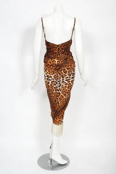 2008 Christian Dior by Galliano Leopard Print Silk Beaded Fringe Dress