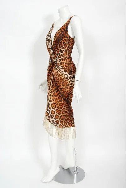 2008 Christian Dior by Galliano Leopard Print Silk Beaded Fringe Dress