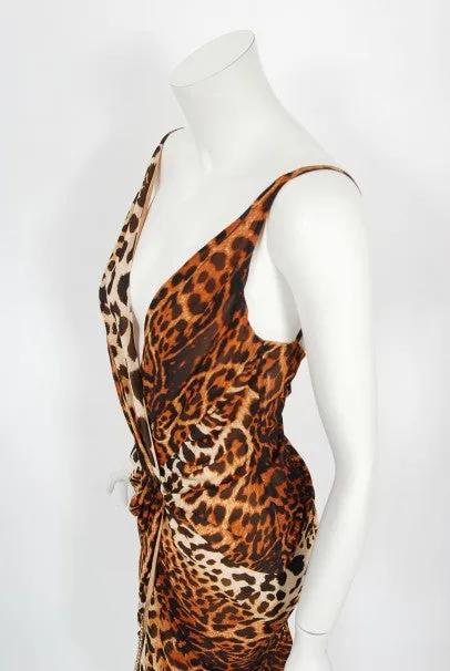 2008 Christian Dior by Galliano Leopard Print Silk Beaded Fringe Dress