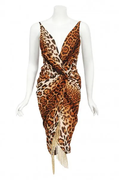 2008 Christian Dior by Galliano Leopard Print Silk Beaded Fringe Dress