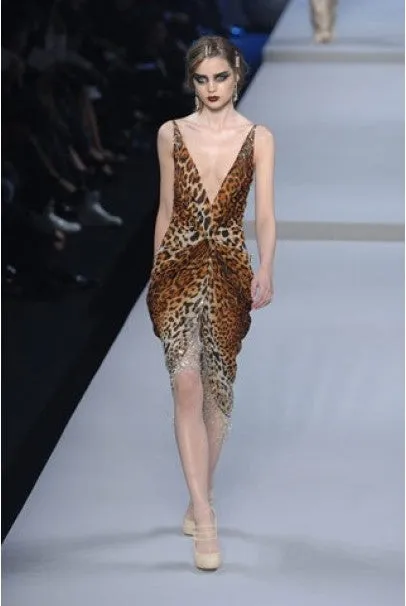 2008 Christian Dior by Galliano Leopard Print Silk Beaded Fringe Dress