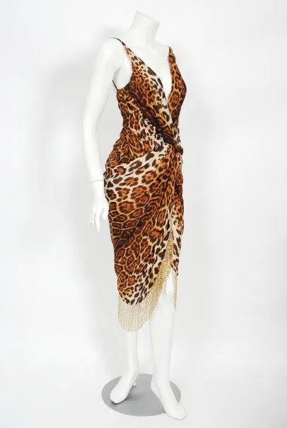 2008 Christian Dior by Galliano Leopard Print Silk Beaded Fringe Dress