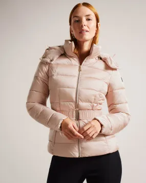 Abbiiee Belted Padded Coat With Detachable Hood Dusky-Pink