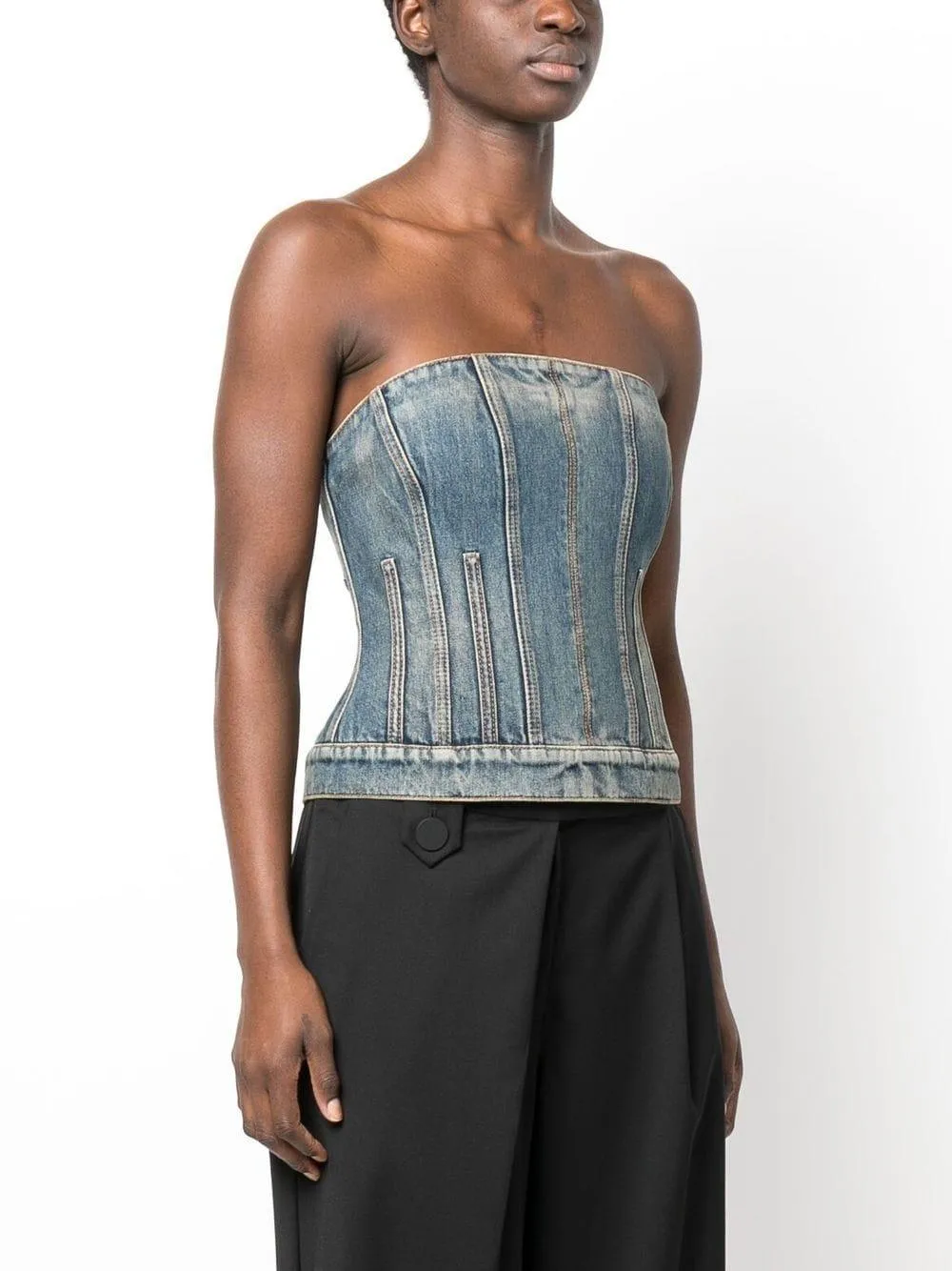 ALEXANDER MCQUEEN Distressed Wash Denim Corset Top for Women - SS23