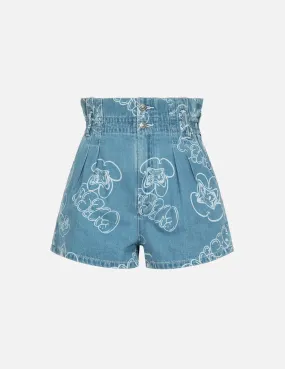 Allover Graffiti Daruma and Logo Laser-Print Denim Shorts