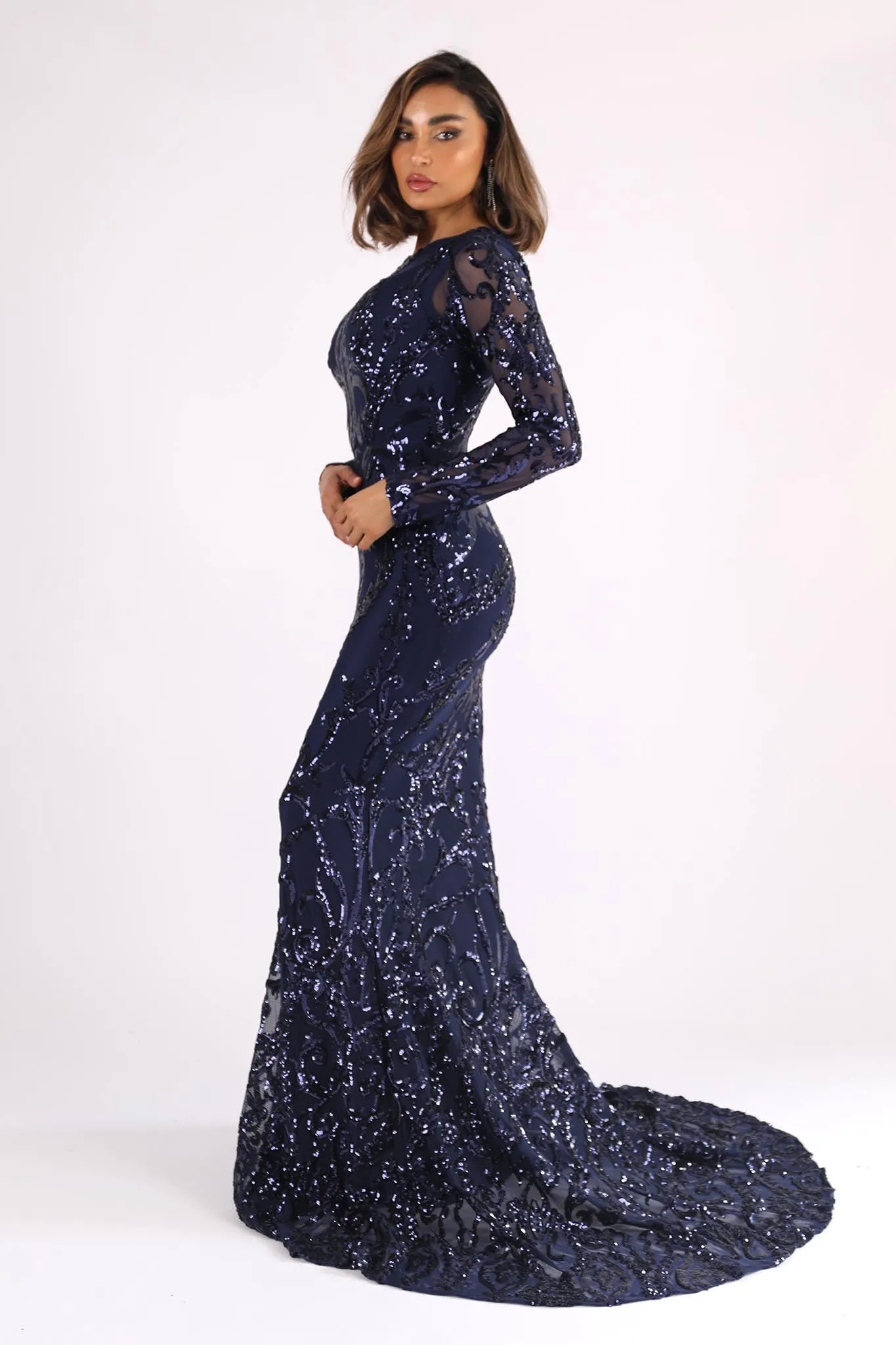 AMANI Long Sleeve Sequin Gown - Navy