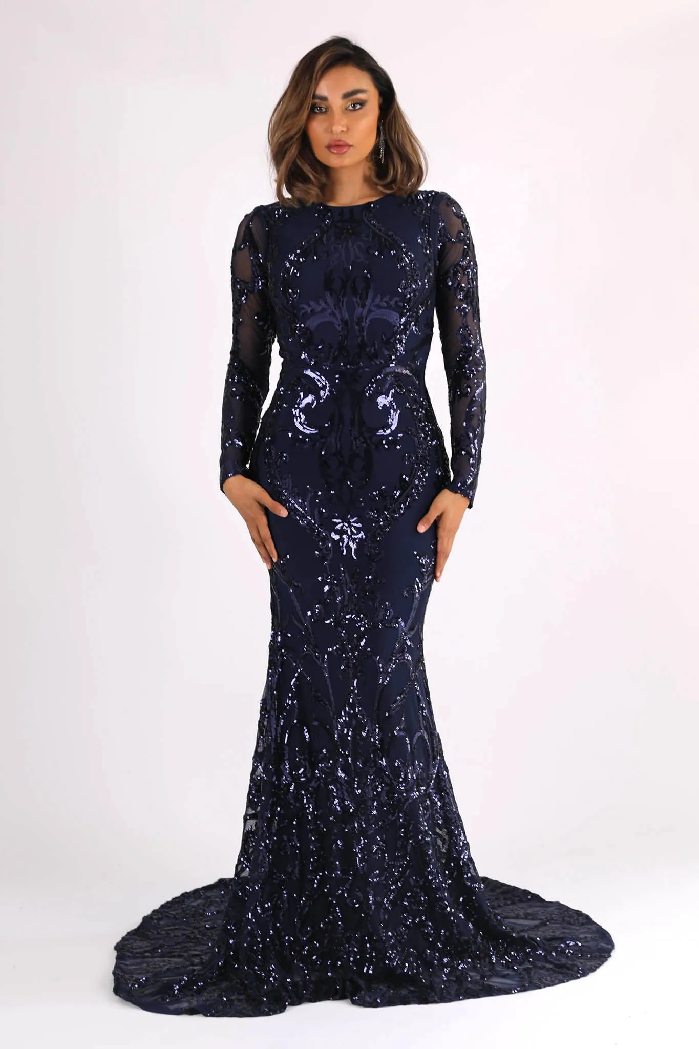 AMANI Long Sleeve Sequin Gown - Navy