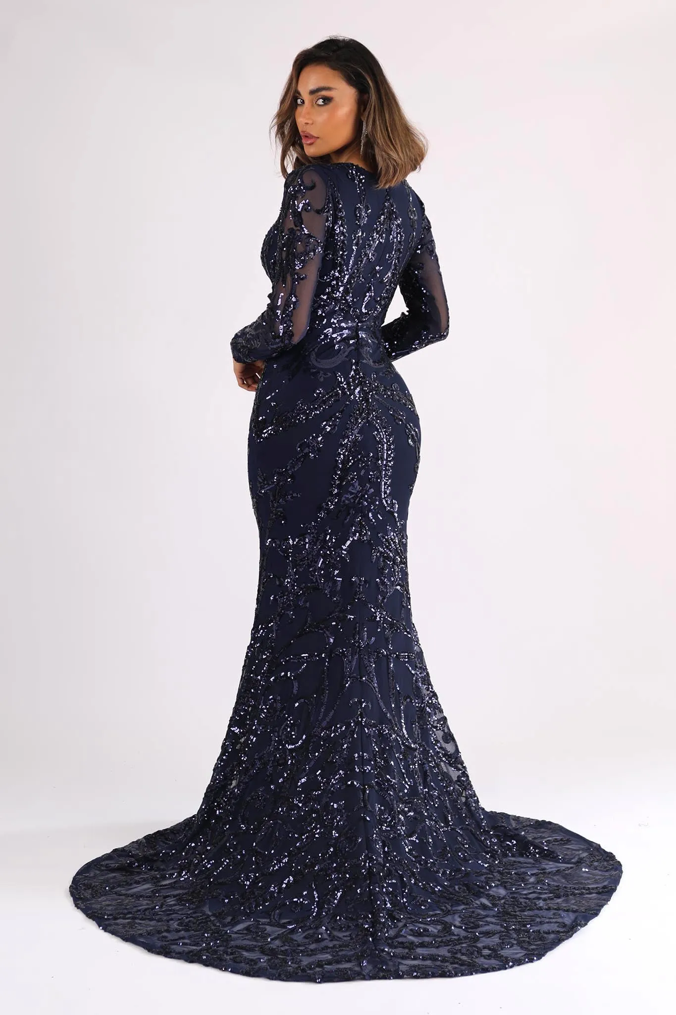 AMANI Long Sleeve Sequin Gown - Navy