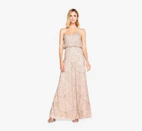 Art Deco Beaded Blouson Gown In Taupe Pink