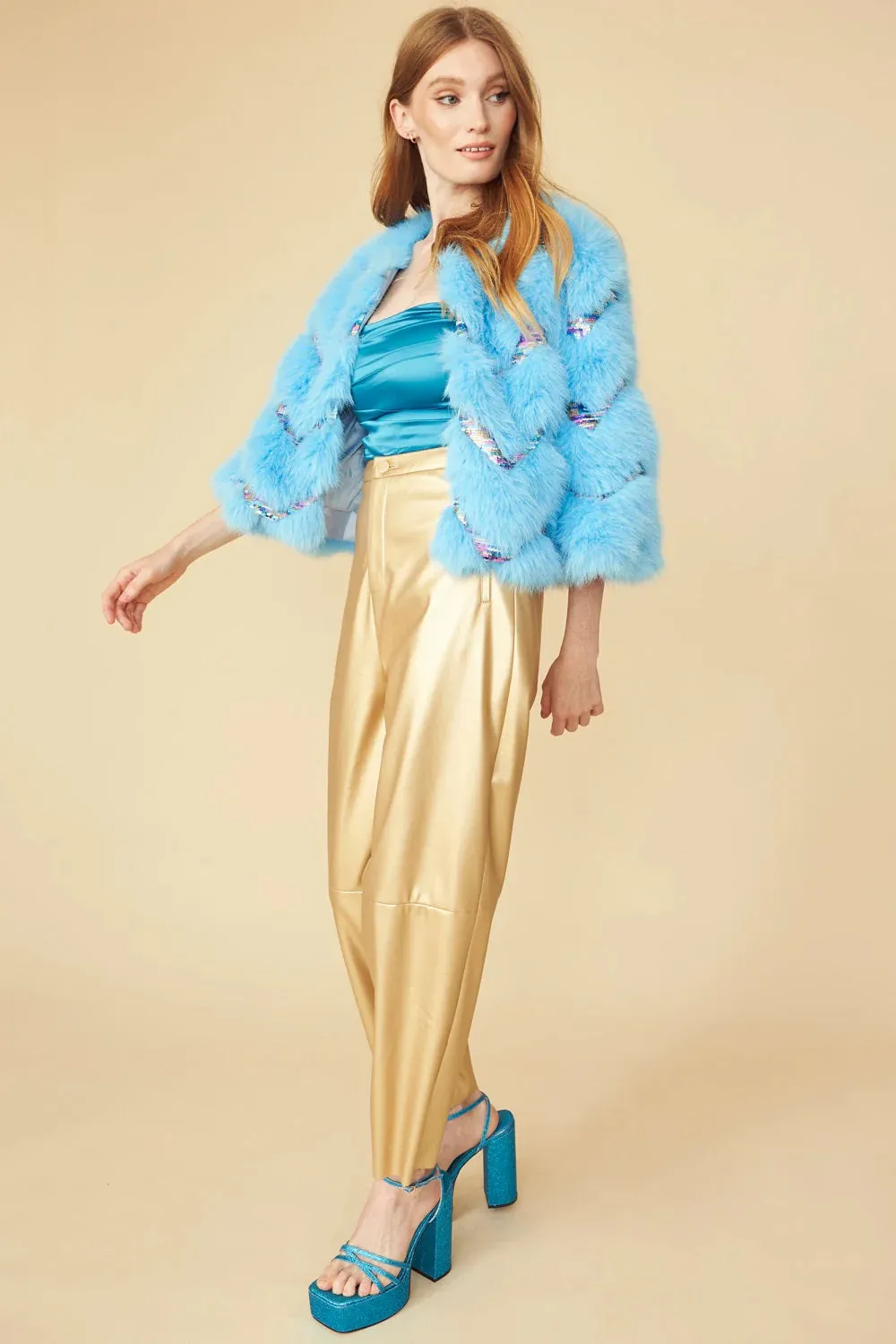 Bamboo Sequin Eco Faux Fur Coat in Blue