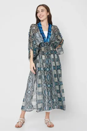 Blue Abstract Printed Kimono Duster