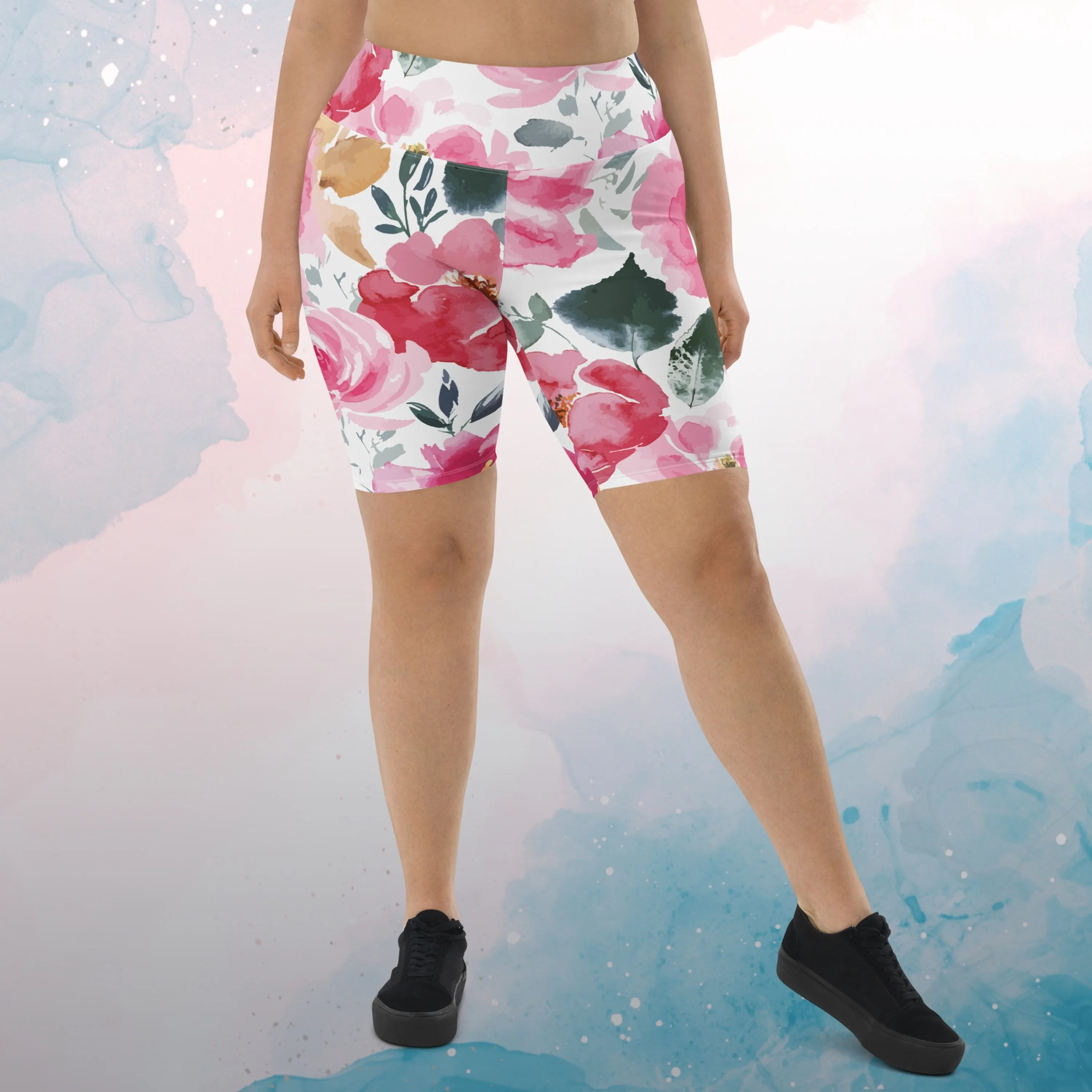 Bold Floral Pattern Womens Light Weight Long Bike Shorts for Yoga or Swimming