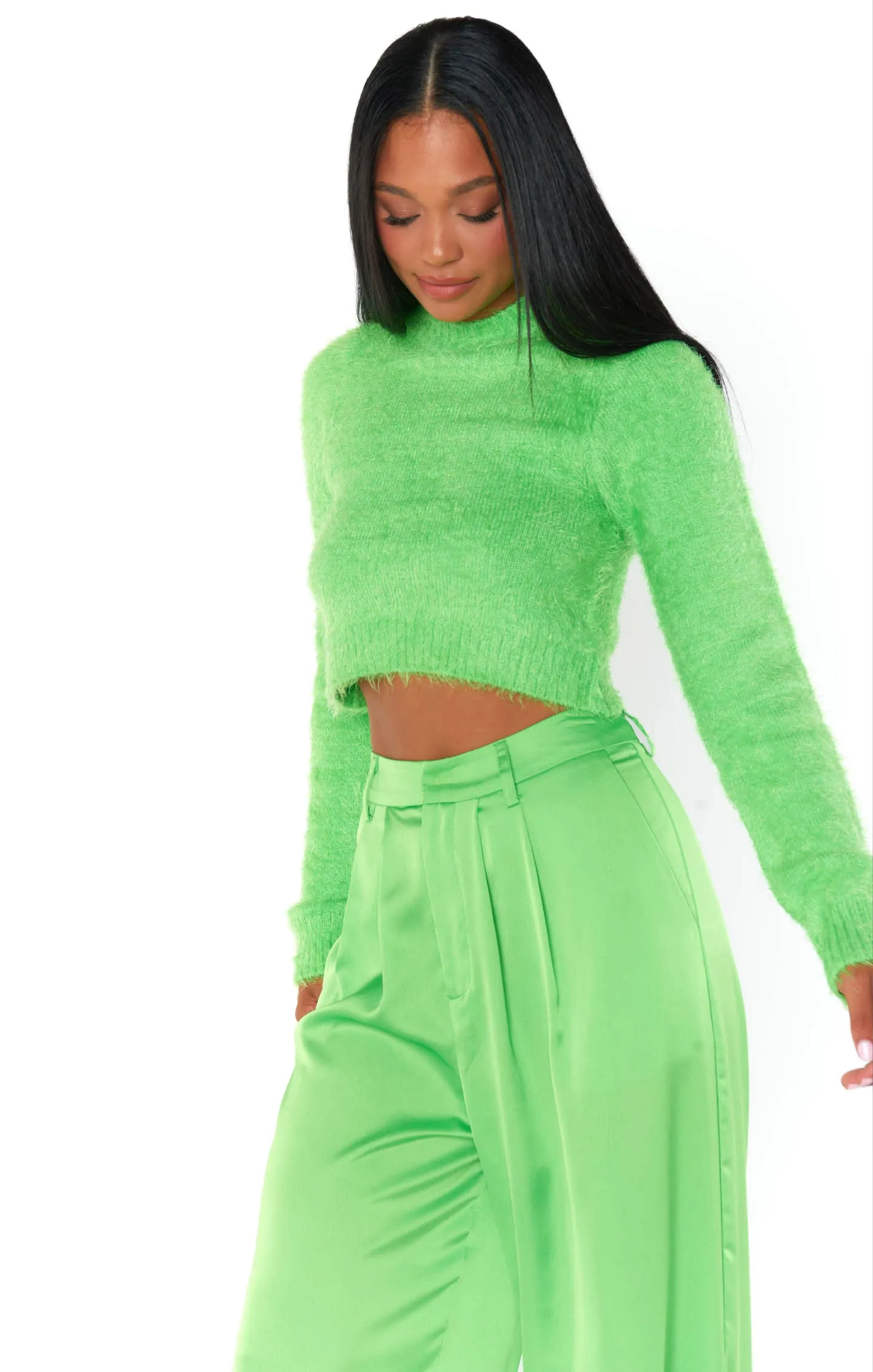 Cropped Varsity Sweater ~ Bright Green Fuzzy Knit