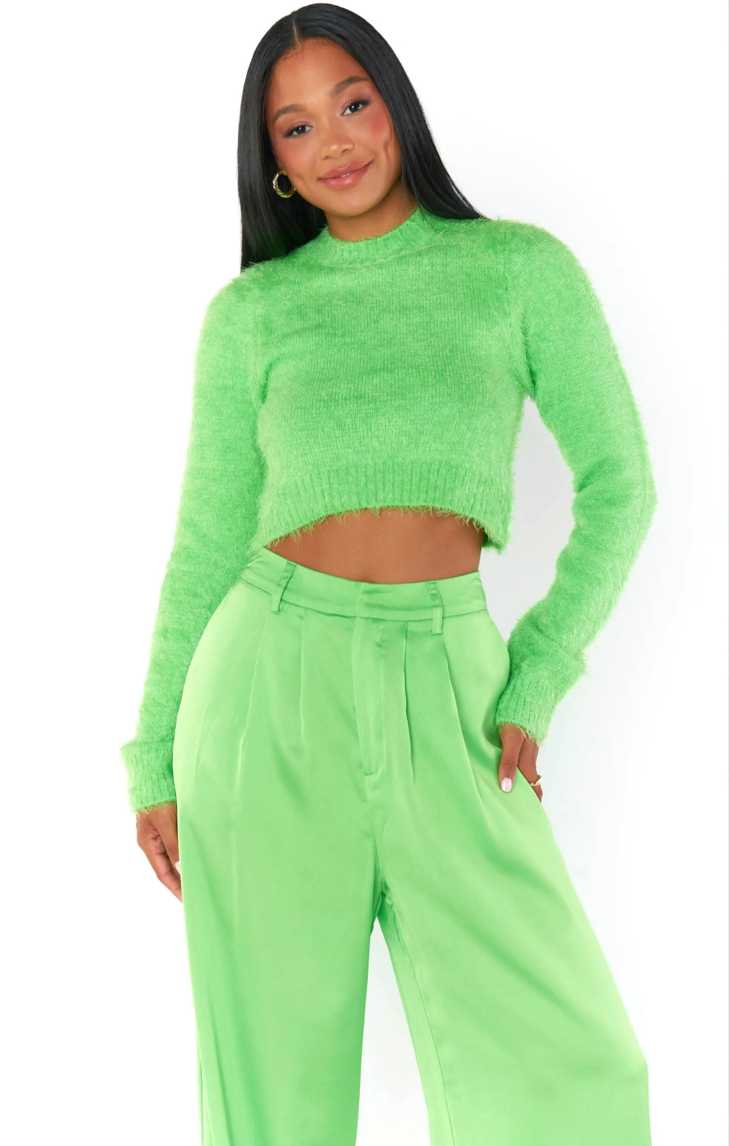 Cropped Varsity Sweater ~ Bright Green Fuzzy Knit