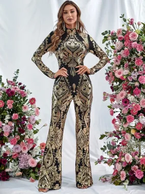 Elegant Stand Neck Long Sleeve Sequins Jumpsuit