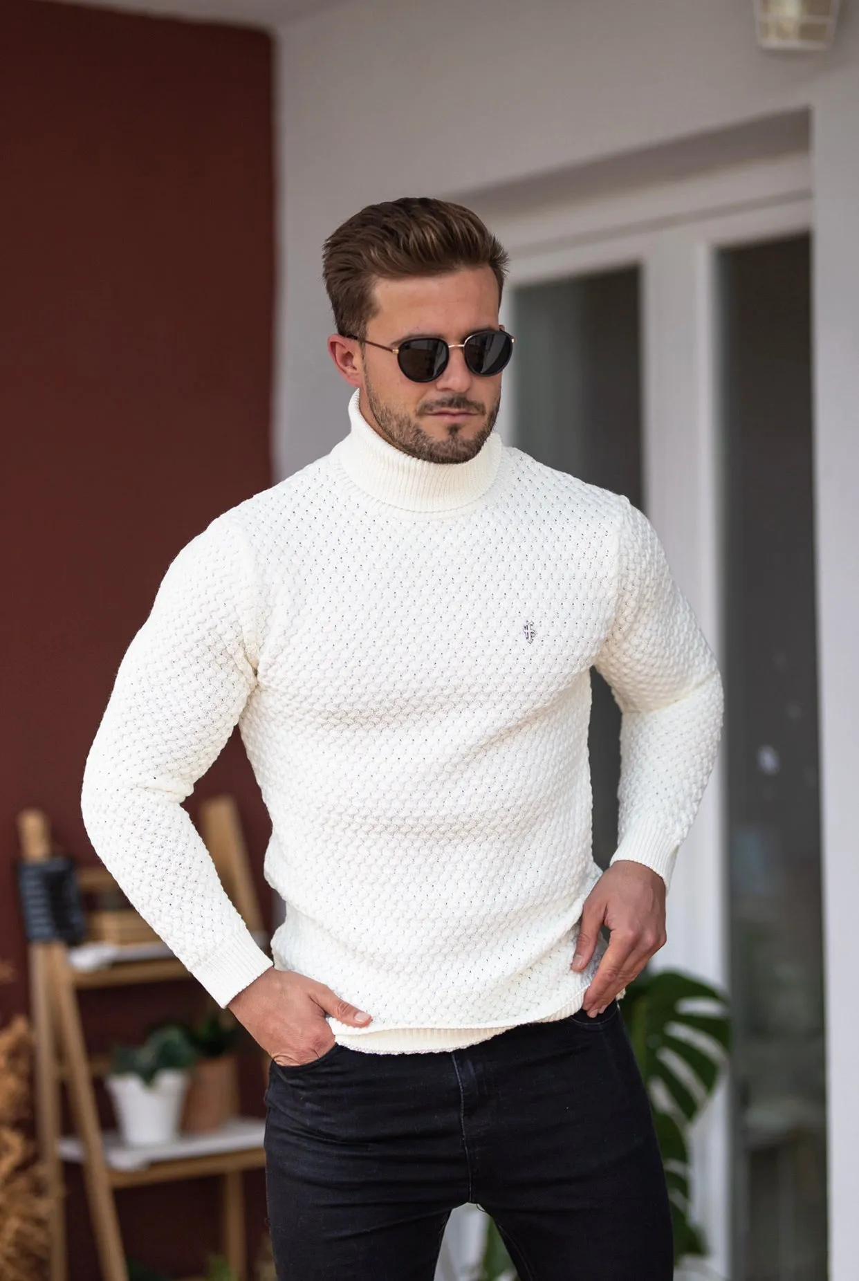 Father Sons Cream Knitted Roll Neck Weave Super Slim Sweater With Metal Decal - FSJ026