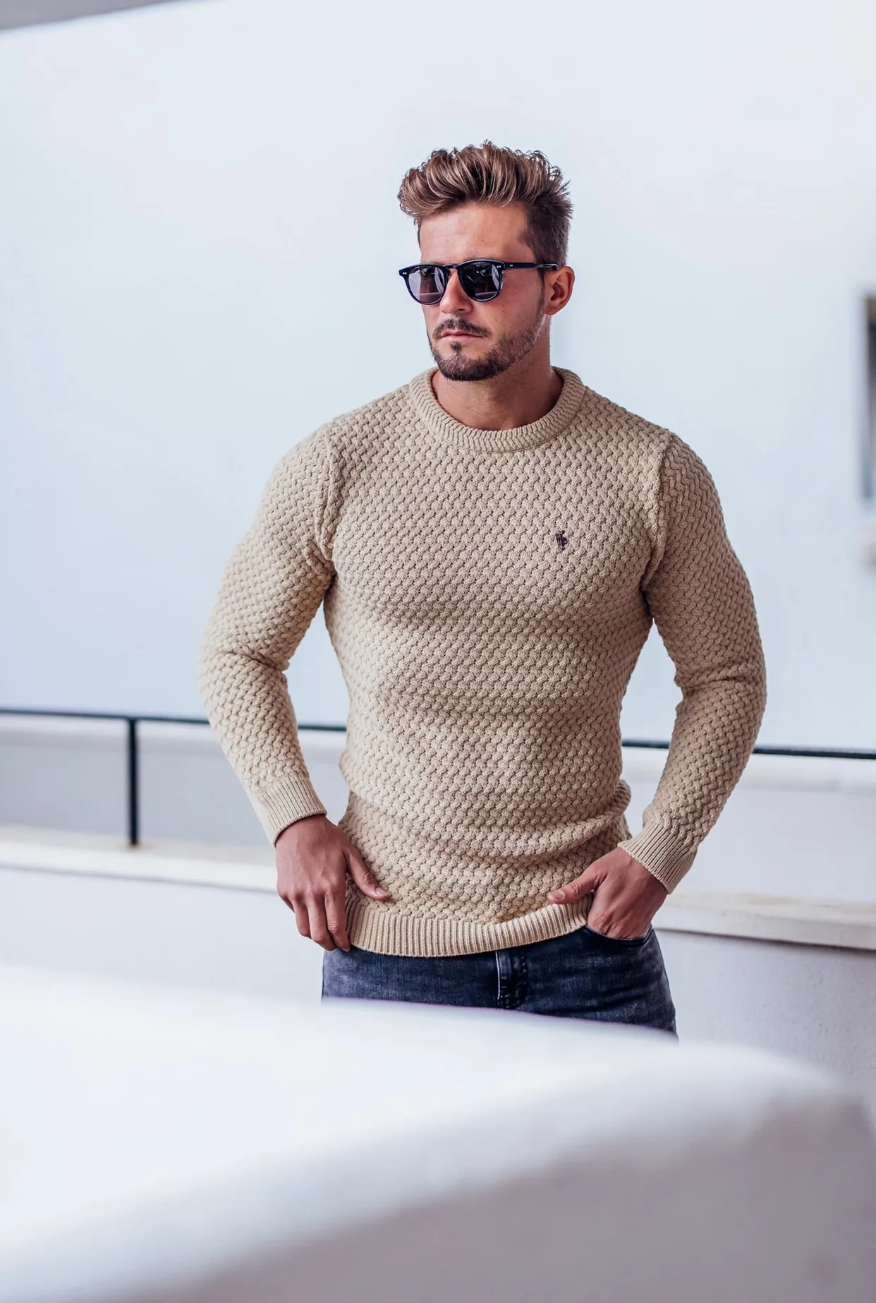 Father Sons Oatmeal Knitted Weave Super Slim Sweater With Metal Decal - FSJ020