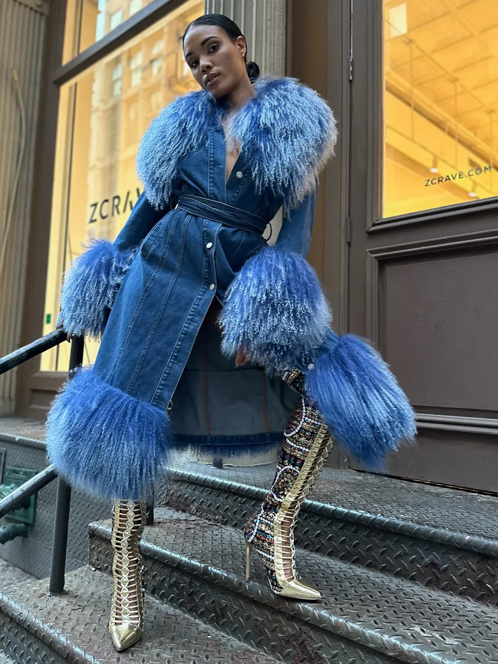 Fluffy Faux Fur Denim Coat