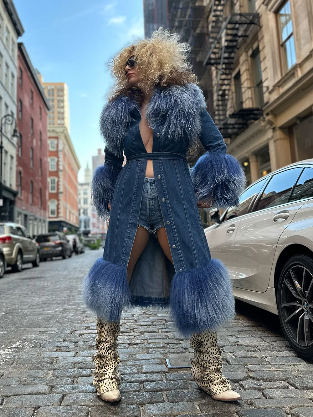 Fluffy Faux Fur Denim Coat