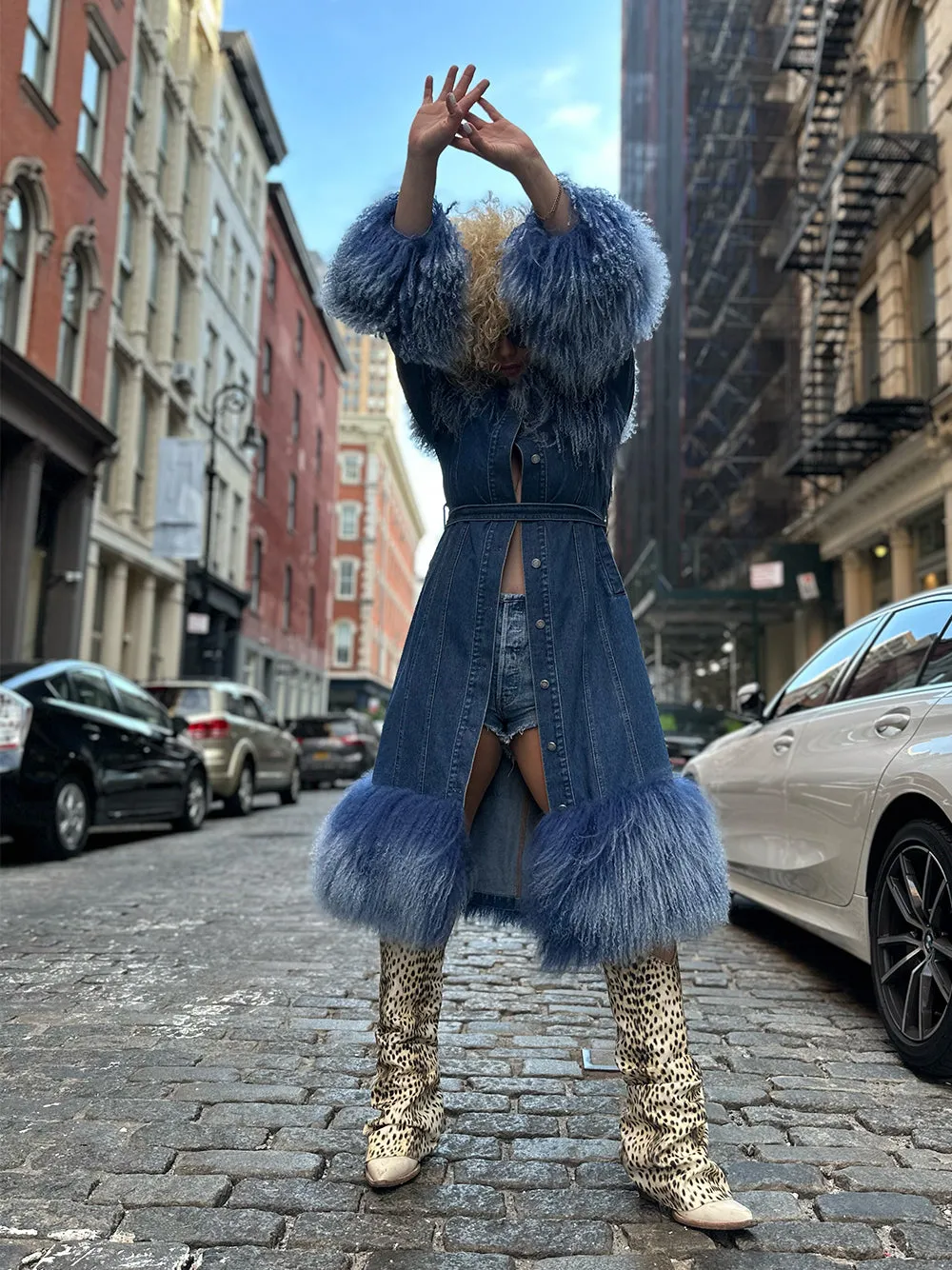 Fluffy Faux Fur Denim Coat