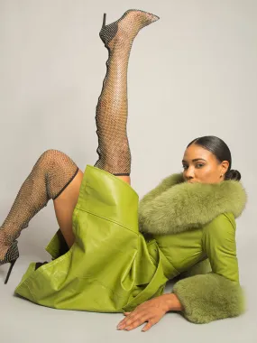 Foxy Leather Coat w/ Fox Fur In Lime Green