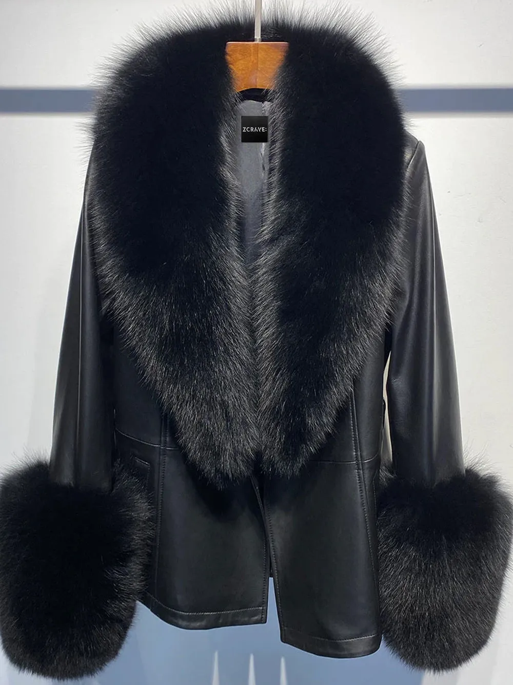 Fur Foxy Leather Short Coat in Black