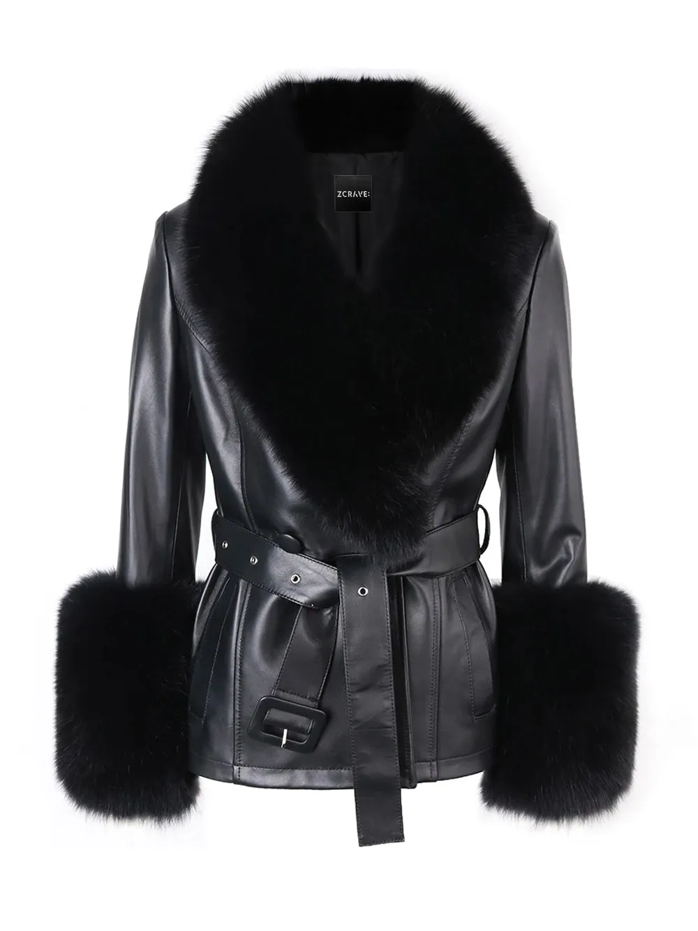 Fur Foxy Leather Short Coat in Black