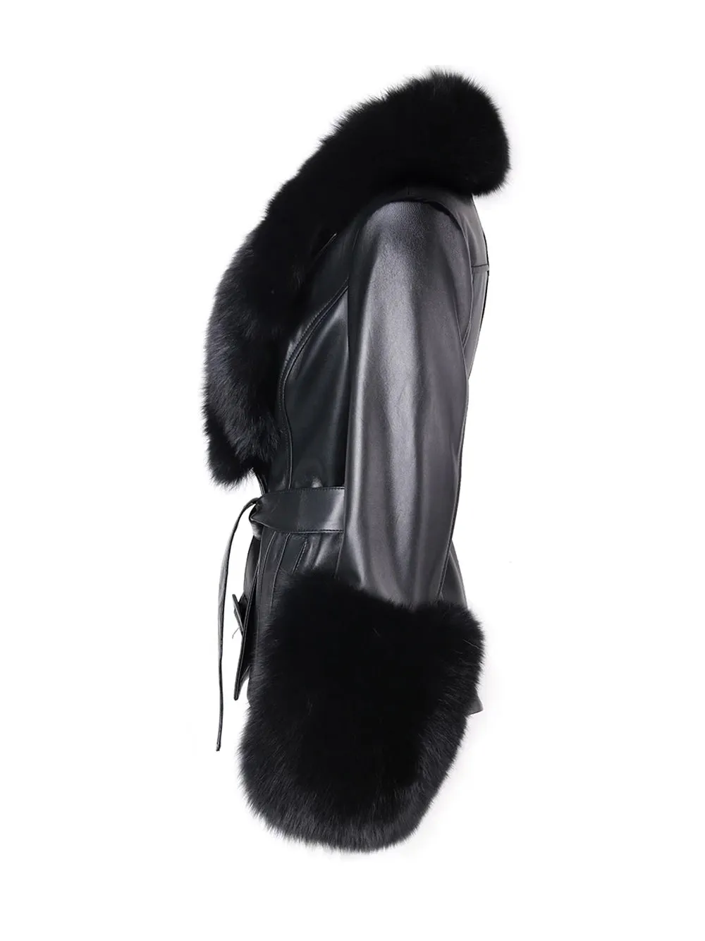 Fur Foxy Leather Short Coat in Black