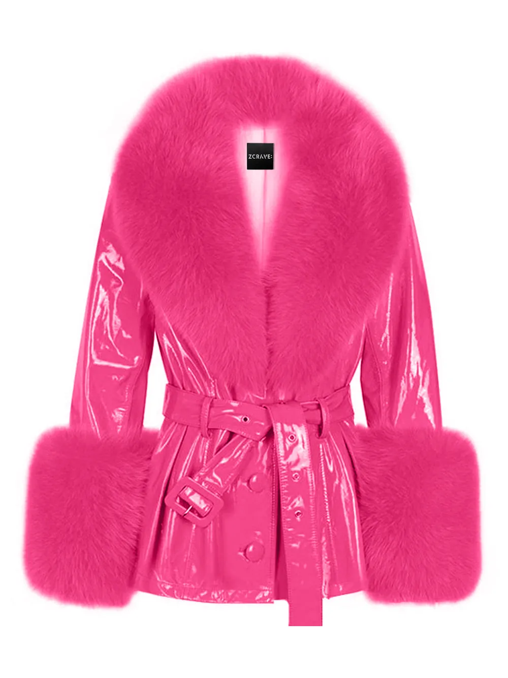 Fur Patent Leather Short Coat in Fuchsia