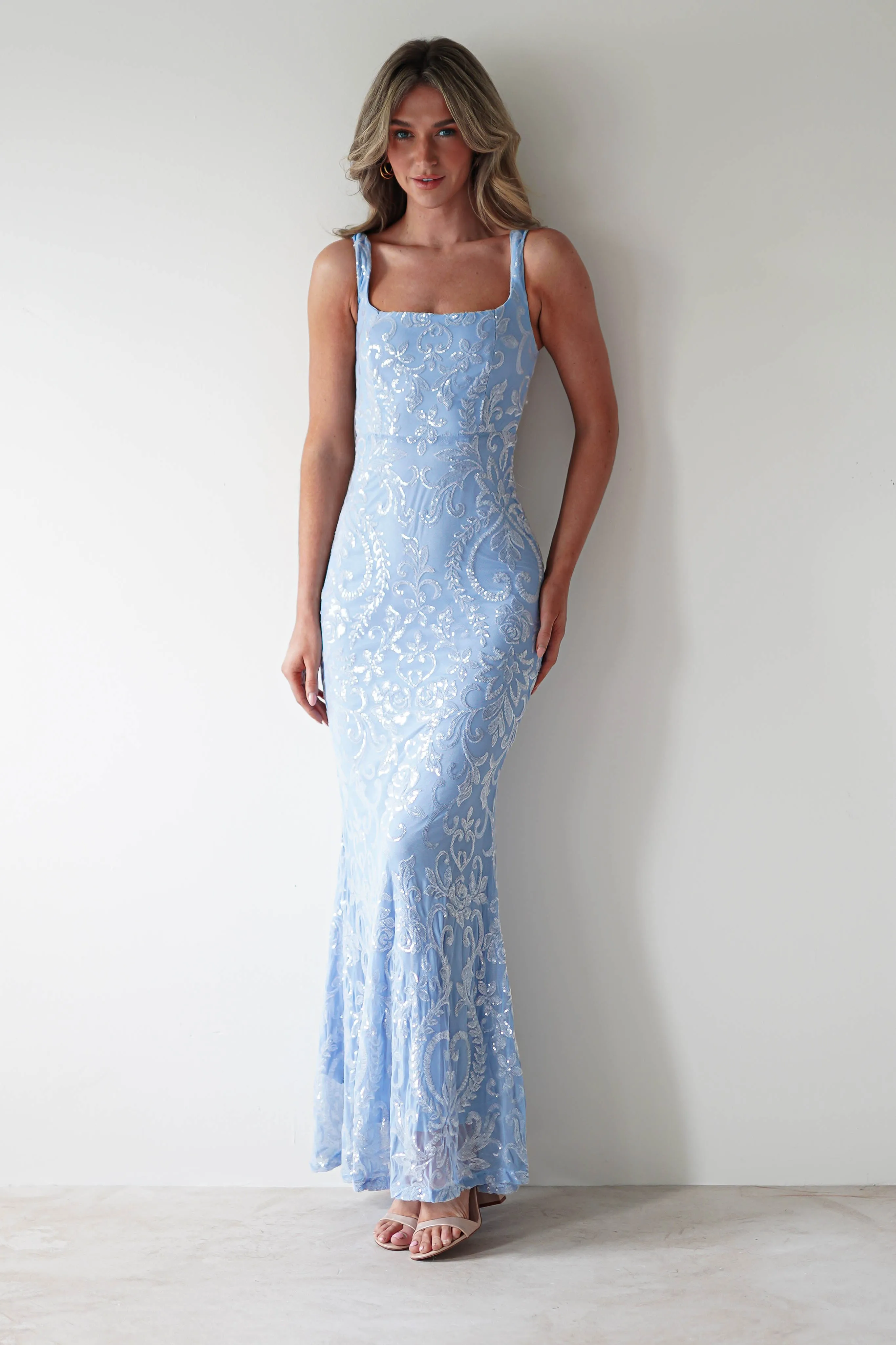 Halo Square Neck Sequin Maxi Gown | Blue