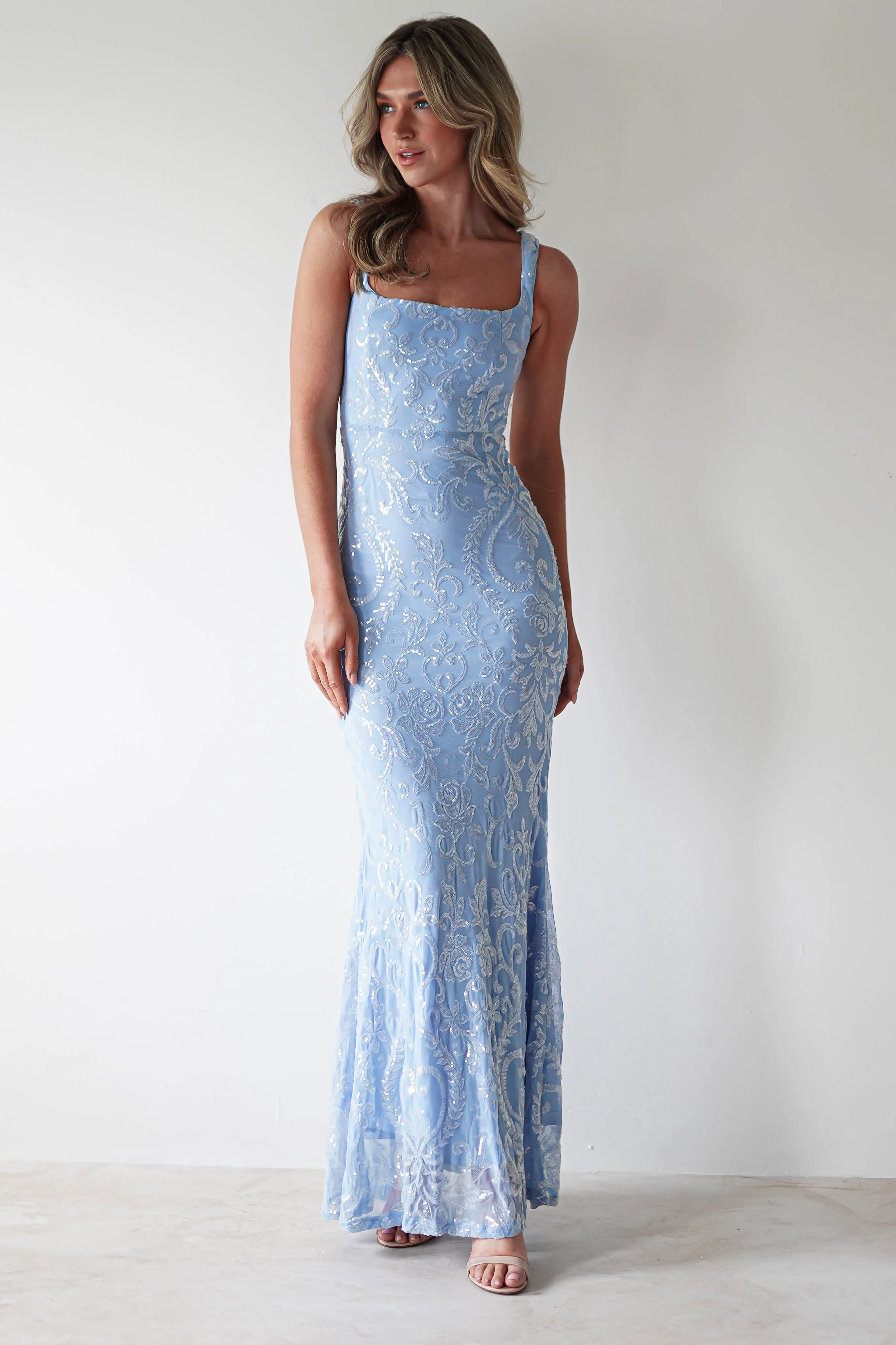 Halo Square Neck Sequin Maxi Gown | Blue