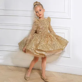 Luxury Long Sleeves Puffy Gold Sequin Flower Girl Dresses