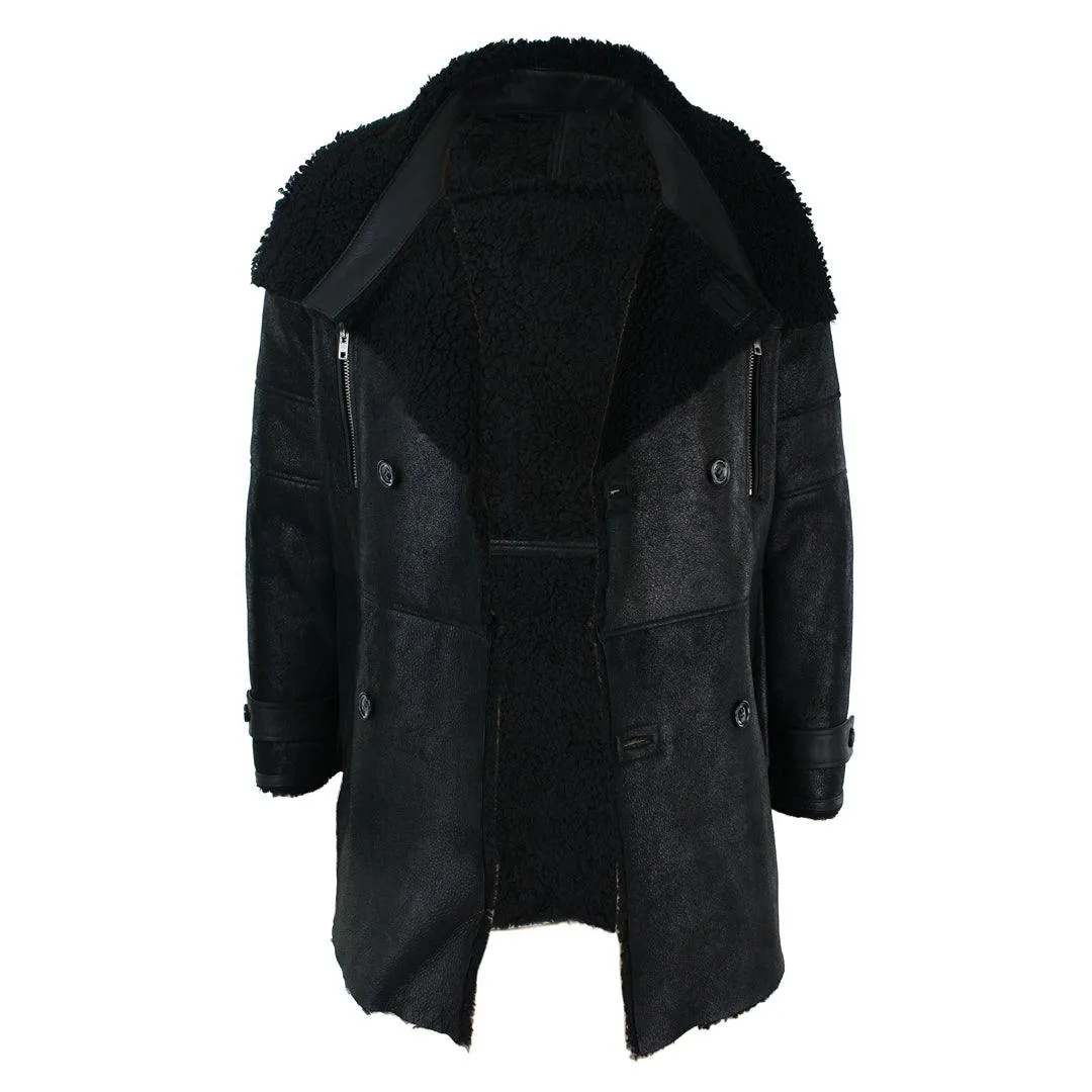 Mens Black 3/4 Military Real Sherling Sheepskin Batman Bane Double Breasted