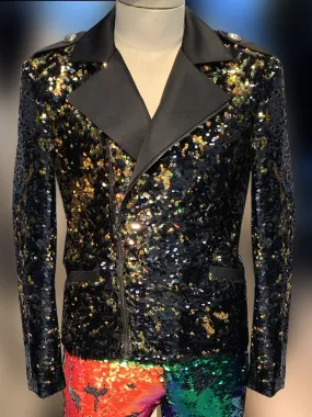 Men's Sequin Jacket - Men's Biker Jacket  - Fashion Sequin Gold/Black