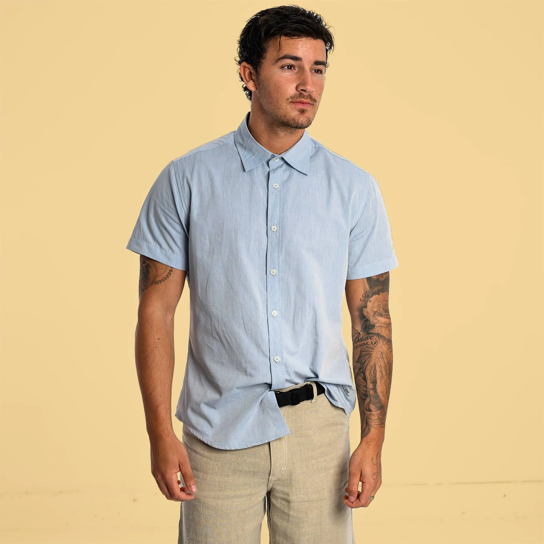 MILL BAY 100% Organic Cotton Short-Sleeve Shirt (Nut Buttons, Latex-free, Elastic-free, Plastic-free) (100% Biodegradable)