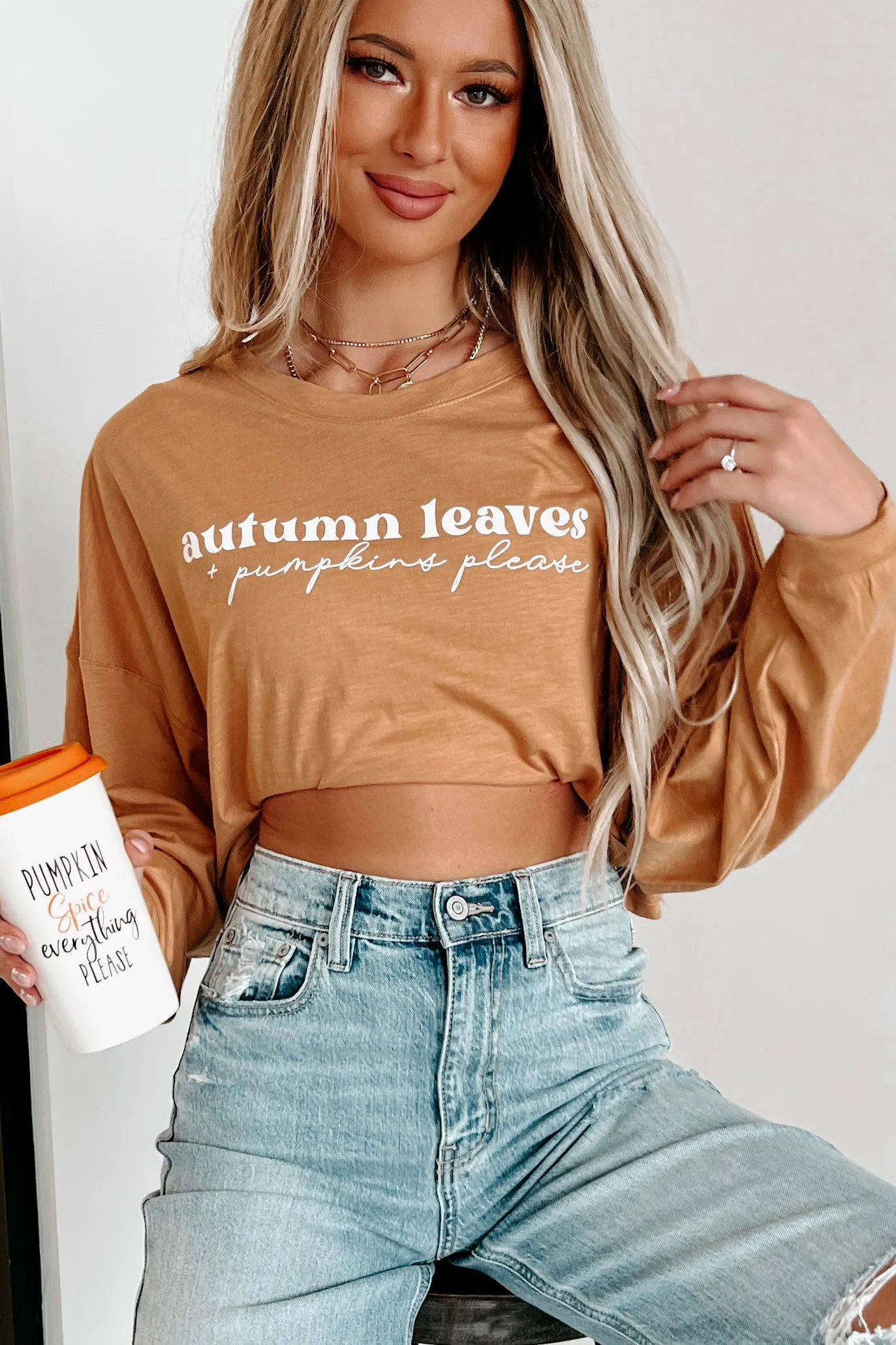 "Autumn Leaves   Pumpkin Please" Long Sleeve Graphic Crop Top (Peanut Butter) - Print On Demand