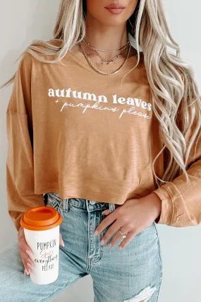 "Autumn Leaves   Pumpkin Please" Long Sleeve Graphic Crop Top (Peanut Butter) - Print On Demand