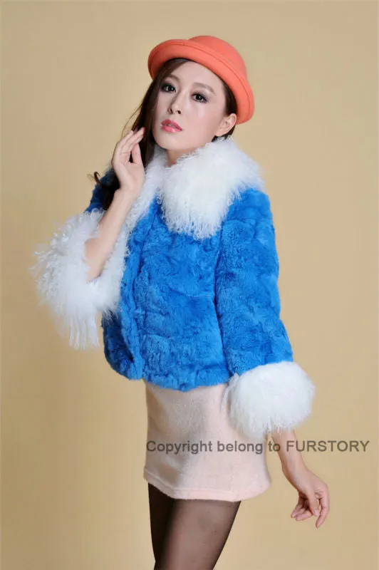 Real Rabbit fur coat fox fur collar and cuff jacket overcoat womens' garment winter coat FS13066