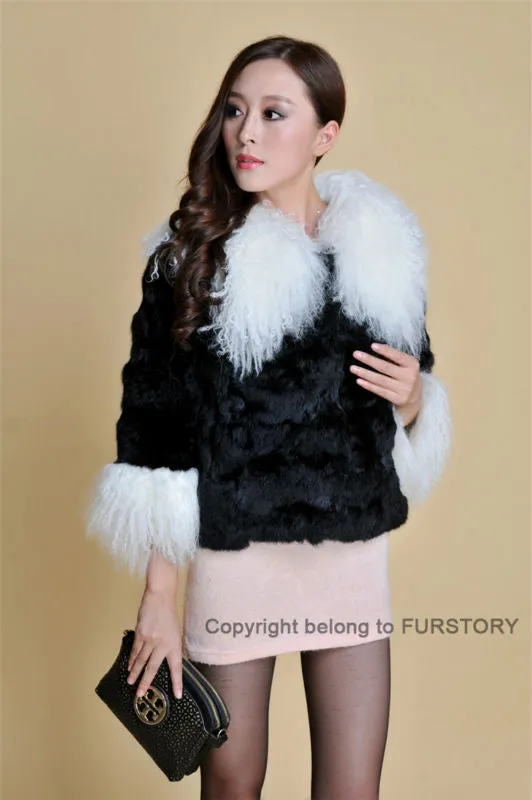 Real Rabbit fur coat fox fur collar and cuff jacket overcoat womens' garment winter coat FS13066