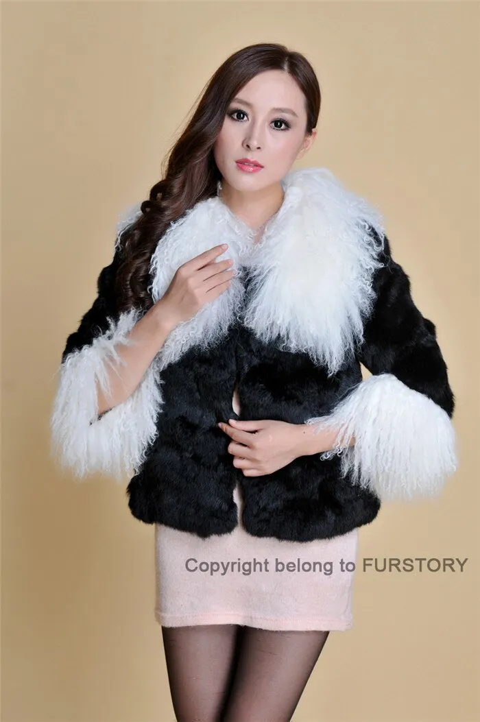 Real Rabbit fur coat fox fur collar and cuff jacket overcoat womens' garment winter coat FS13066