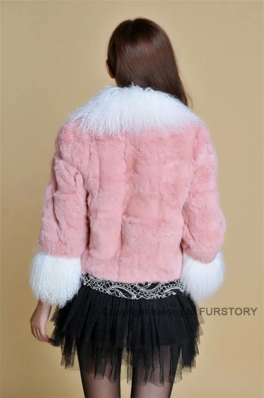 Real Rabbit fur coat fox fur collar and cuff jacket overcoat womens' garment winter coat FS13066