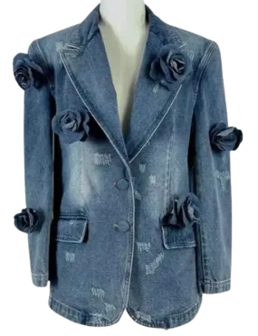 Rosette Trim Distressed Denim Jacket