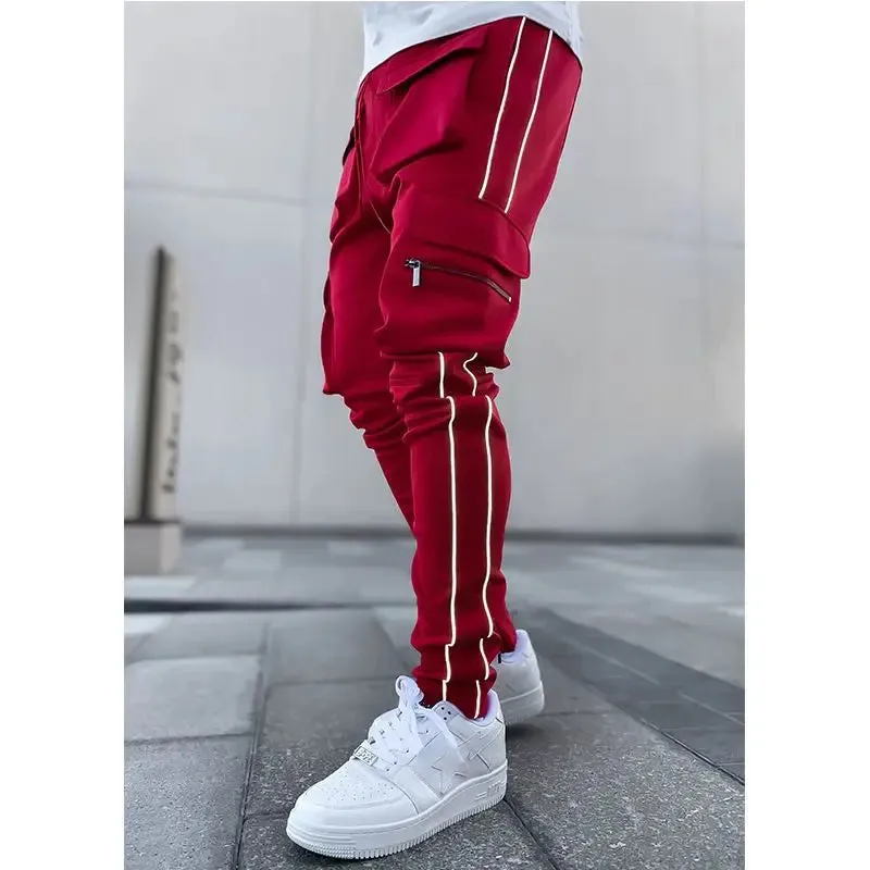 Spring Autumn Casual Harem Pants for Men Reflective Full Length Joggers with Multiple Pockets elastic waist Fitness Trousers