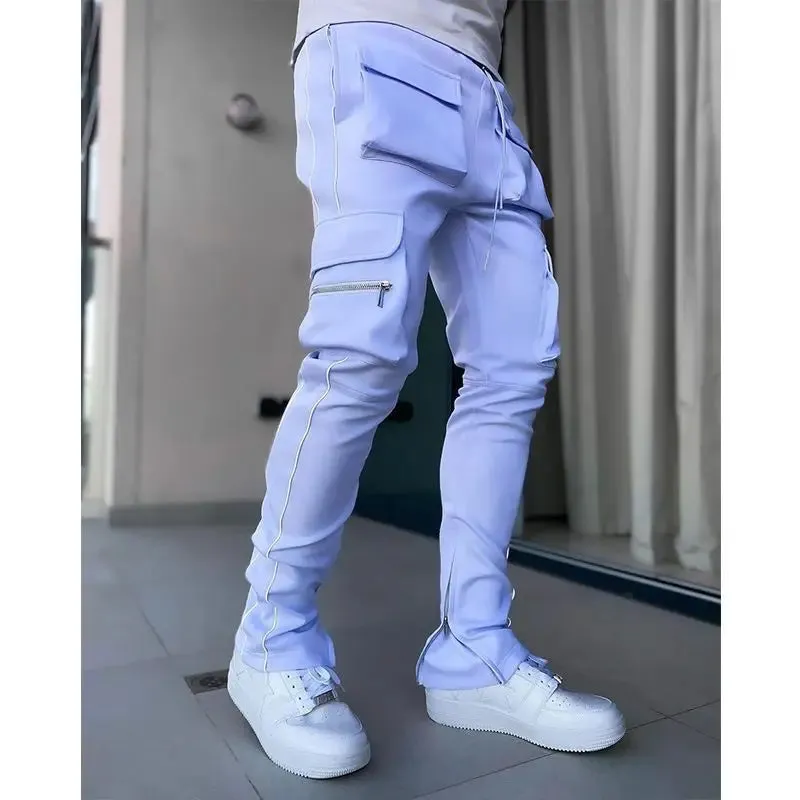 Spring Autumn Casual Harem Pants for Men Reflective Full Length Joggers with Multiple Pockets elastic waist Fitness Trousers