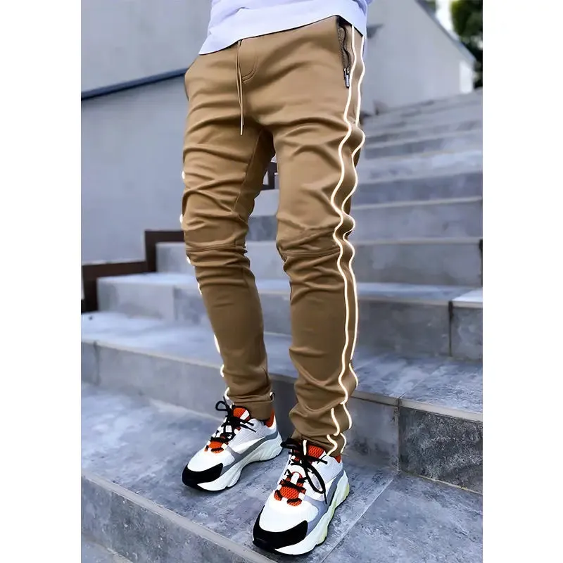 Spring Autumn Casual Harem Pants for Men Reflective Full Length Joggers with Multiple Pockets elastic waist Fitness Trousers