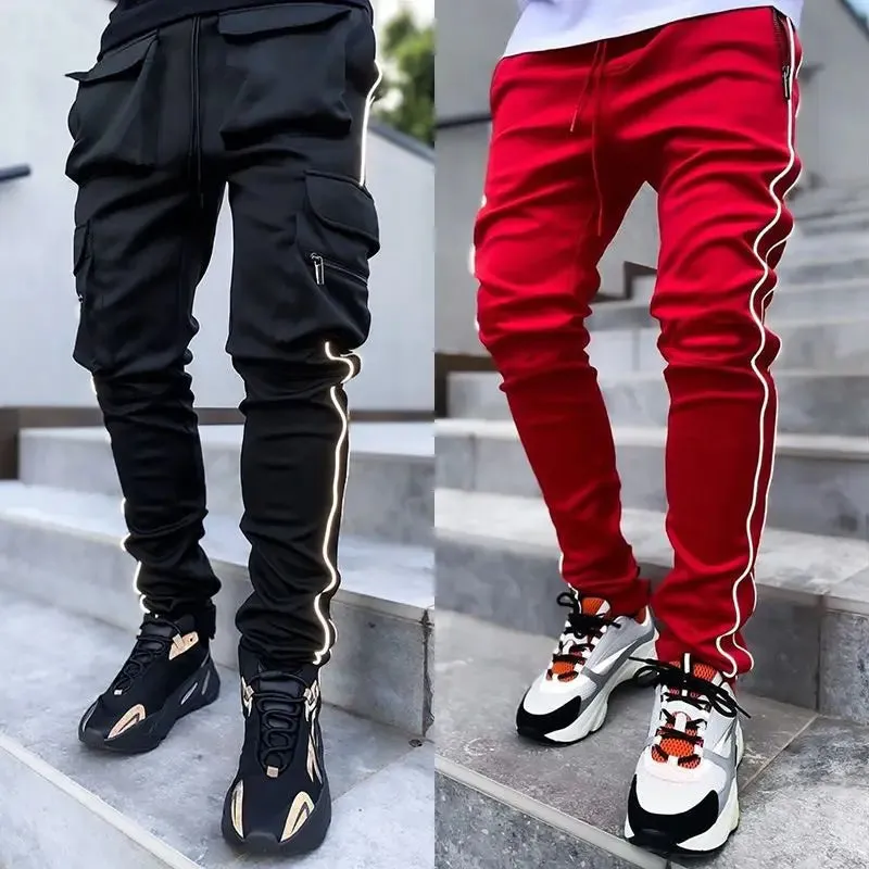 Spring Autumn Casual Harem Pants for Men Reflective Full Length Joggers with Multiple Pockets elastic waist Fitness Trousers