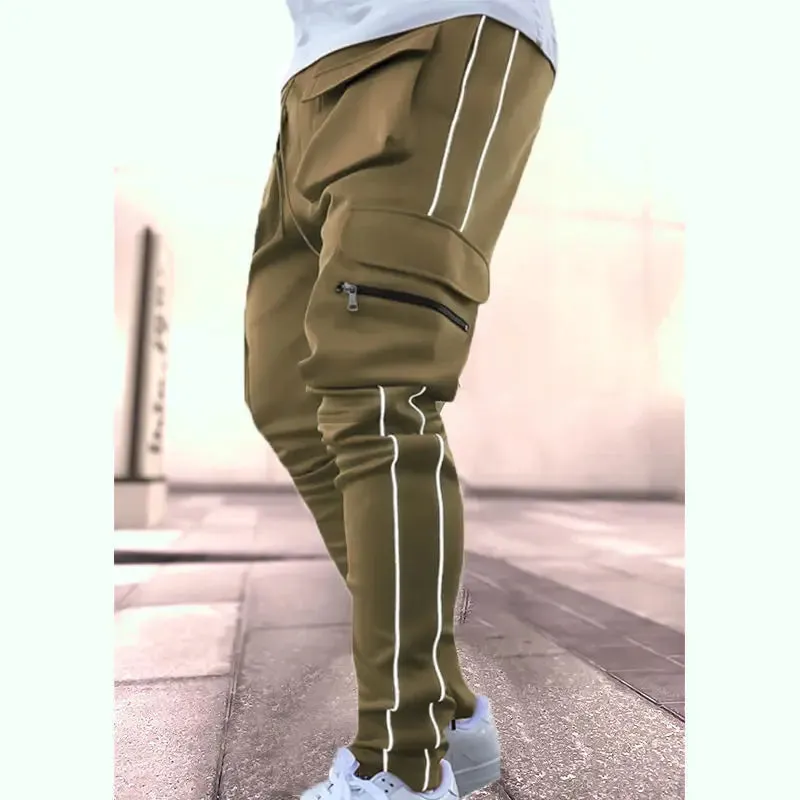 Spring Autumn Casual Harem Pants for Men Reflective Full Length Joggers with Multiple Pockets elastic waist Fitness Trousers